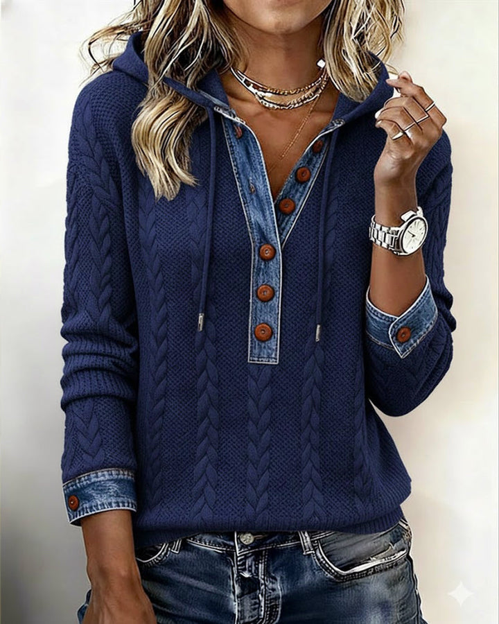 Color Blocked Long Sleeve Hoodie with Buttons