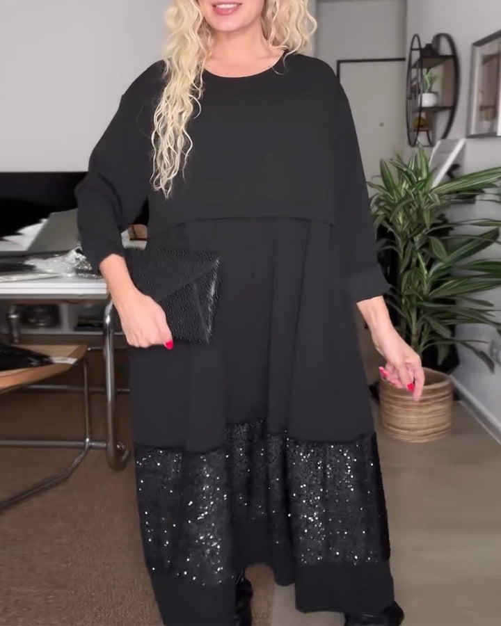 Dress Round Neck Sequins Patchwork Loose