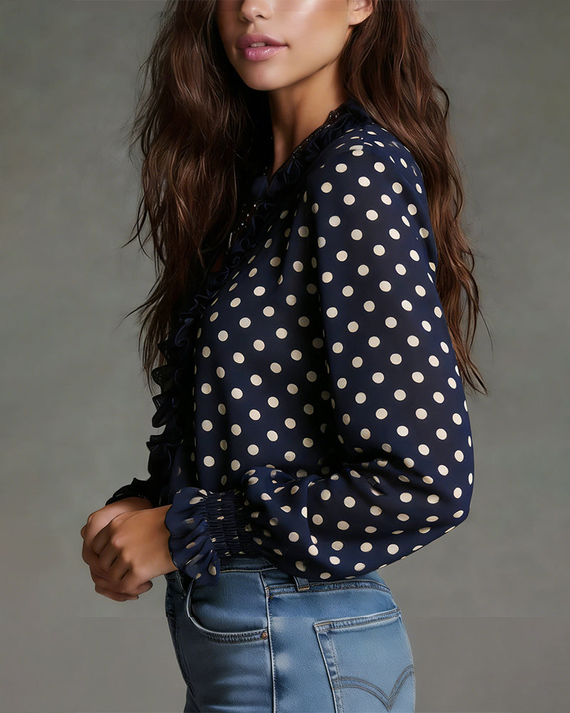 Polka Dot Ruffle Half-Zip Blouse