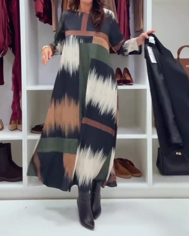 Modern Printed Dress With Round Neckline And Long Sleeves