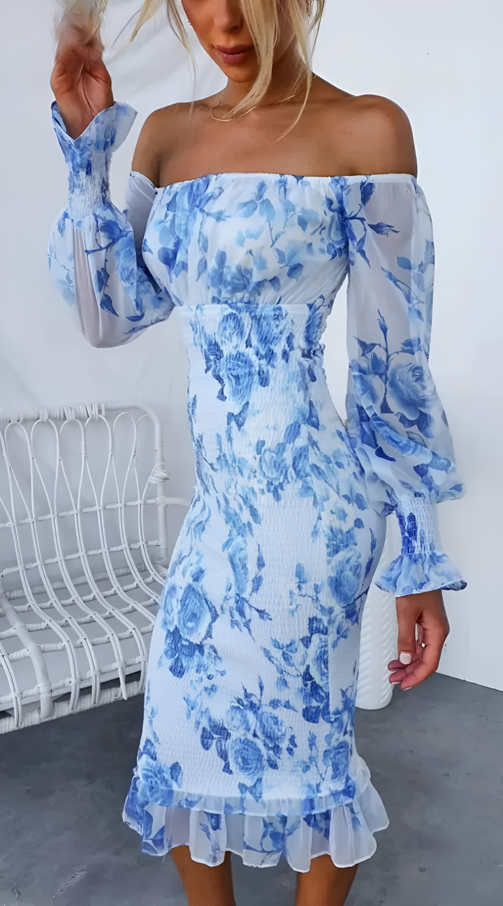 AISLYNN – FLORAL OFF-SHOULDER SMOCKED WAIST MIDI DRESS