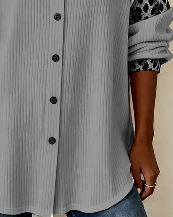 Shirt with Lapel Button Closure Leopard Print