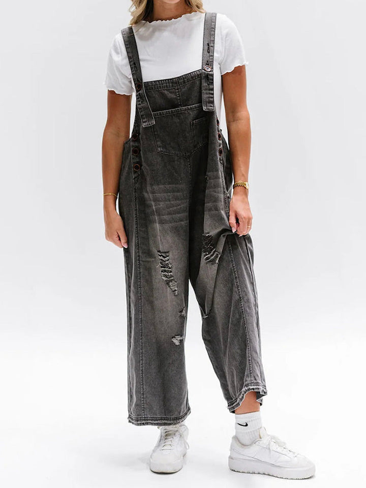 ELESSA – LOOSE FIT DENIM DUNGAREES IN DISTRESSED LOOK