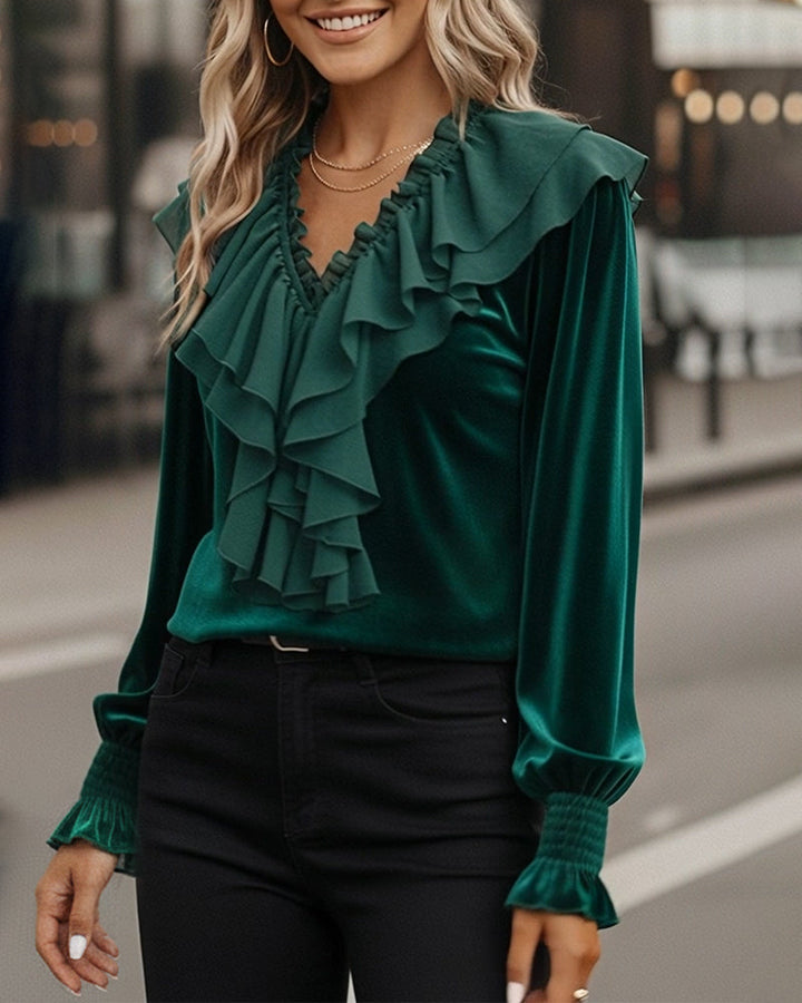 Top Ruffled V-Neck Long Sleeve Velvet