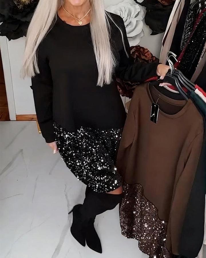 Dress Round Neck Long Sleeve With Glitter Patchwork