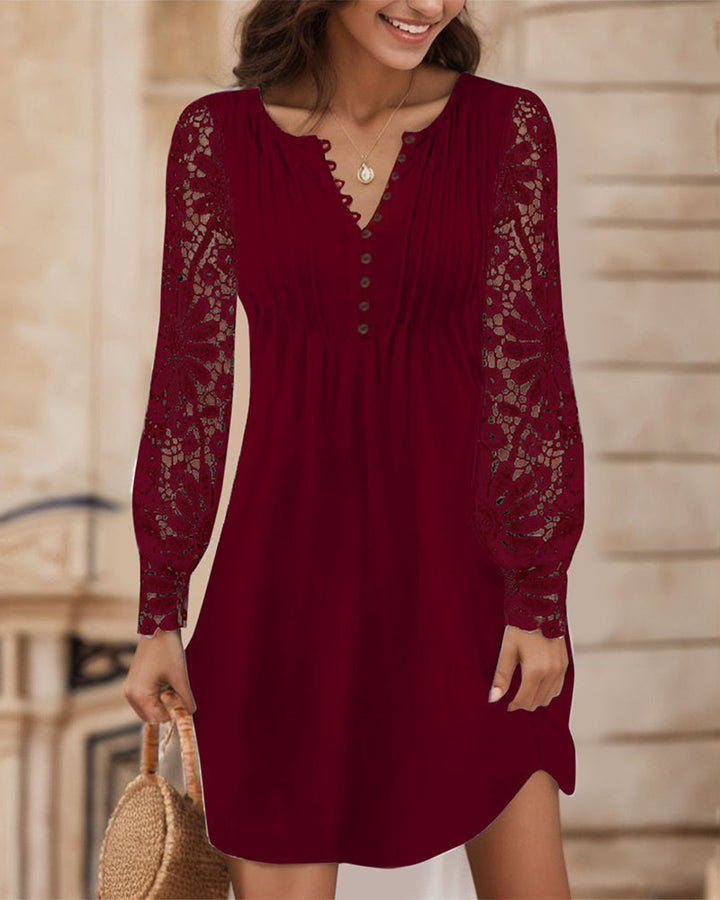 Solid Color Dress with Pleated and Patchwork Details