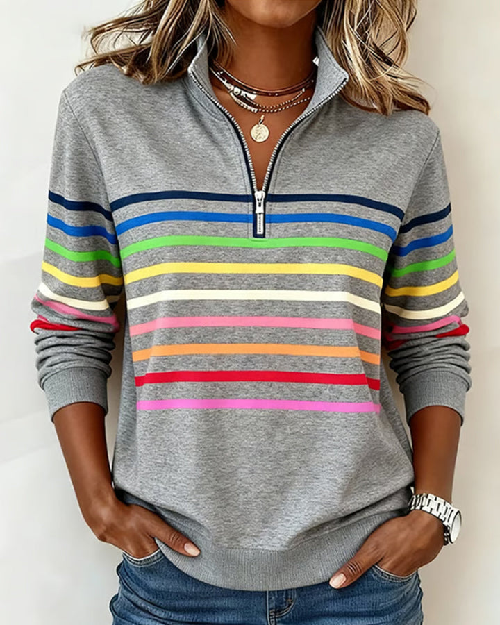 Mode Sweatshirt with Half Zipper and Rainbow Stripes