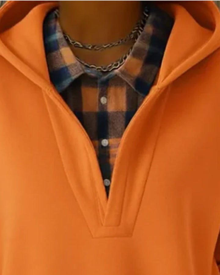 Hoodie Fake Two-Piece Checkered Patchwork