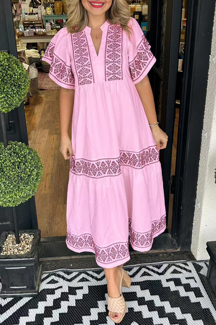 SORAYA – GEOMETRIC PRINT PATCHWORK V-NECK A-LINE DRESS