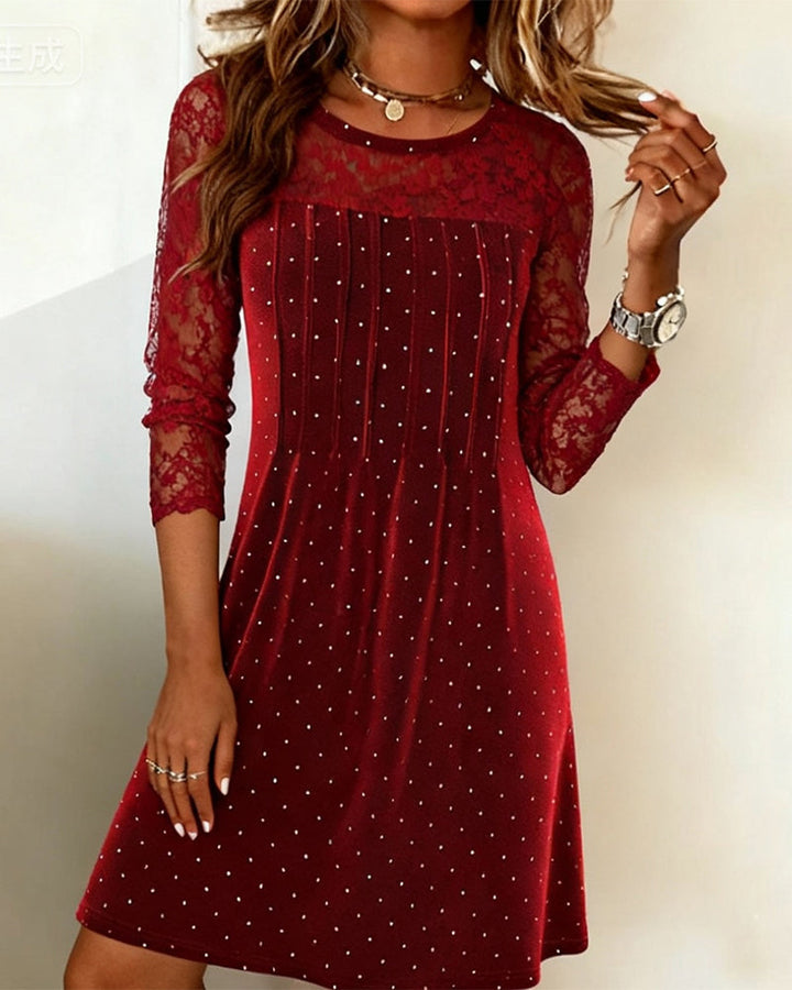 Solid Color Dress With Patchwork Details And Polka Dot Pattern