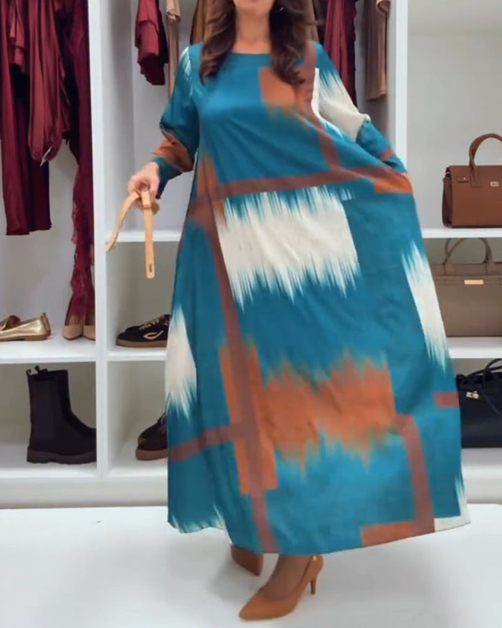 Modern Printed Dress With Round Neckline And Long Sleeves
