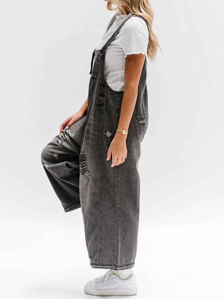 ELESSA – LOOSE FIT DENIM DUNGAREES IN DISTRESSED LOOK