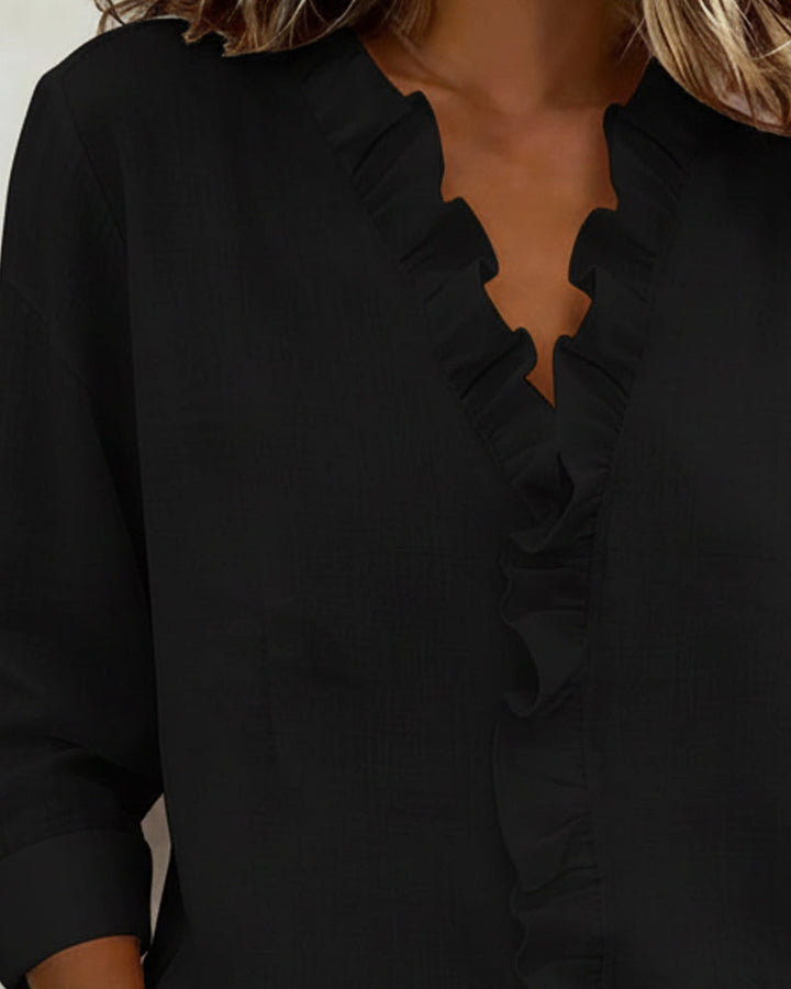 Ruffled Blouse with V-Neck and Long Sleeves