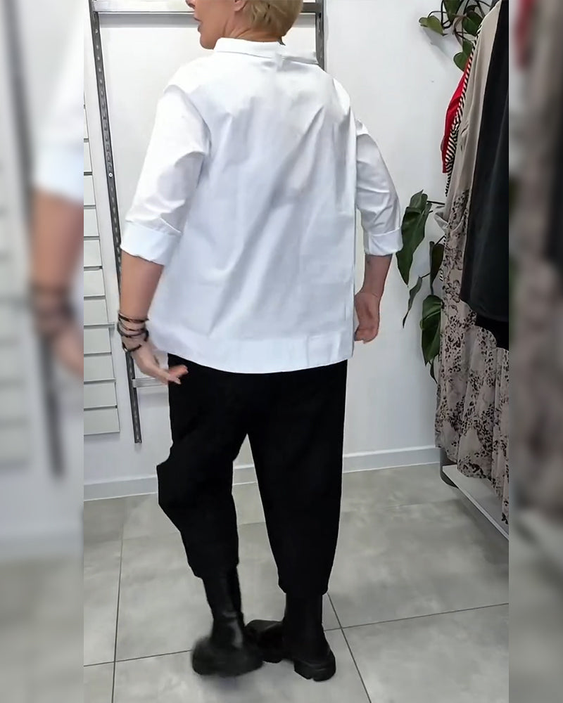 100% Cotton Blouse Wide Collar Solid Color Casual