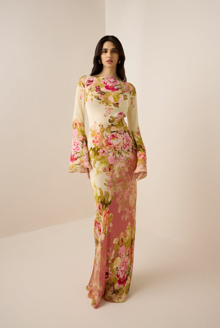 AVIANA – FLORAL LONG DRESS WITH BELL SLEEVES