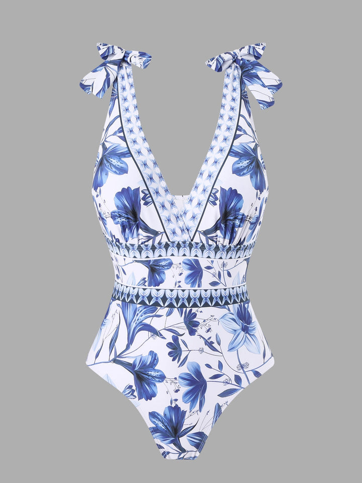 EMBERLY – BLUE AND WHITE PORCELAIN SWIMSUIT WRAP SKIRT SUIT