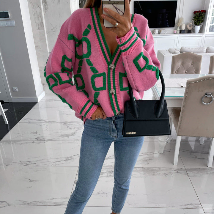 AURISAYA – V-NECK CASUAL COLOR CONTRAST KNIT CARDIGAN