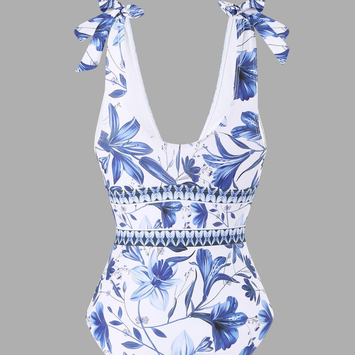 EMBERLY – BLUE AND WHITE PORCELAIN SWIMSUIT WRAP SKIRT SUIT