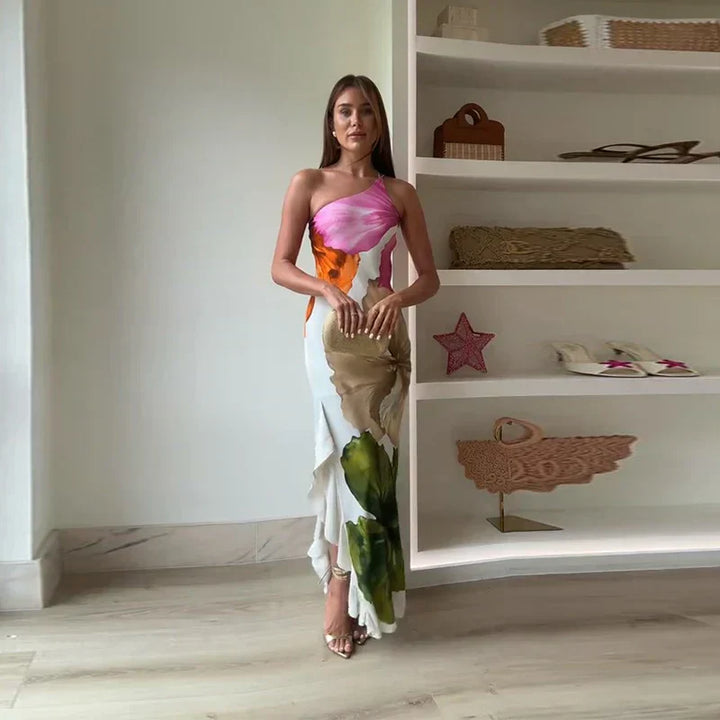 Ismena - Elegant Skew Neck Floral Maxi Dress