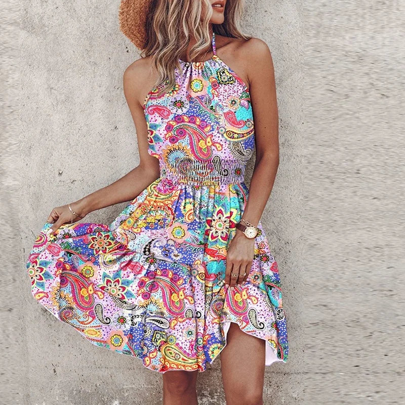 KORA – COLORFUL BOHEMIAN V-NECK MIDI DRESS
