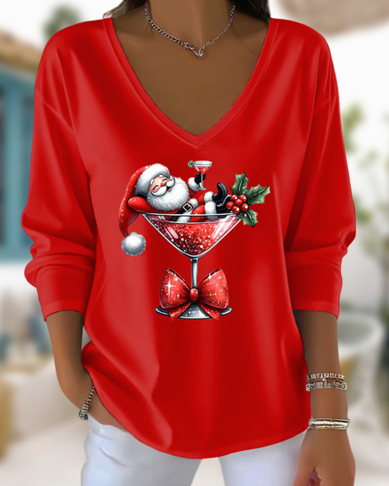 Loose-Fitting Top with V-Neck and Christmas Motif with Wine Glass