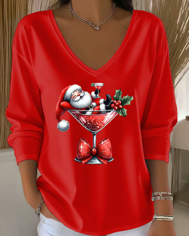 Loose-Fitting Top with V-Neck and Christmas Motif with Wine Glass