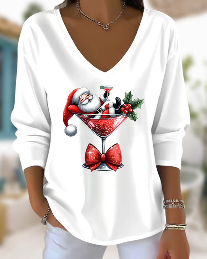 Loose-Fitting Top with V-Neck and Christmas Motif with Wine Glass