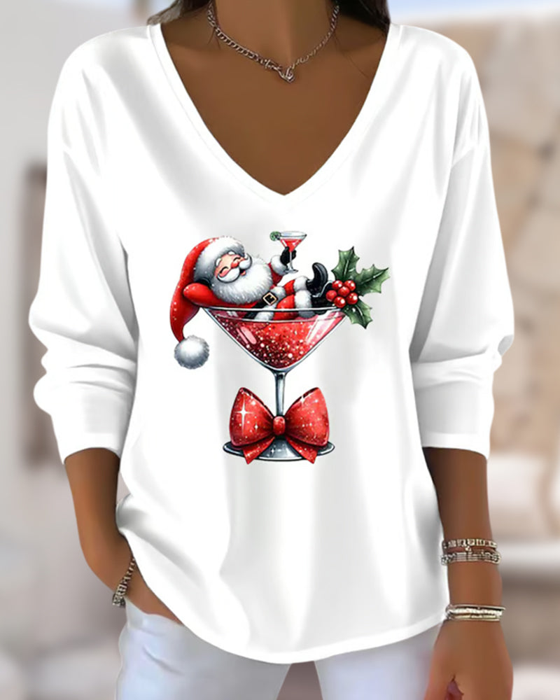 Loose-Fitting Top with V-Neck and Christmas Motif with Wine Glass