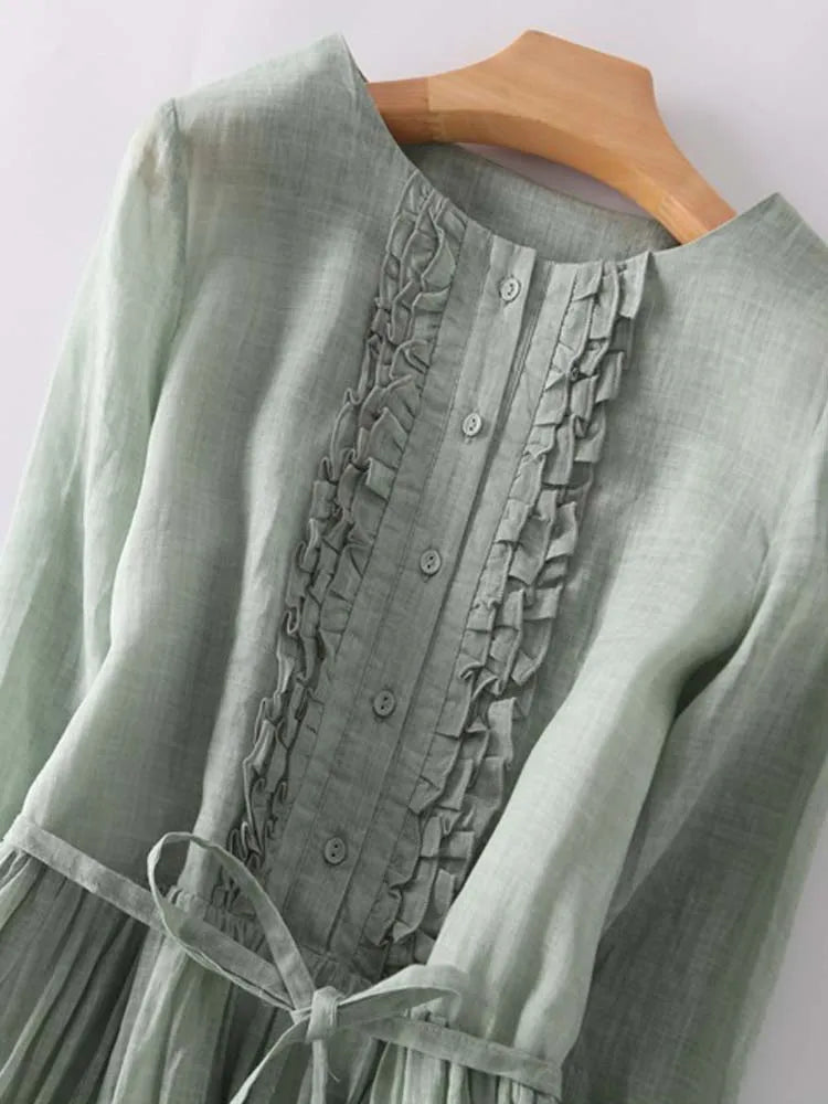 Arya - Womens Art Retro Round Neck Lace Up Waist Dress