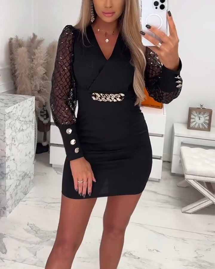 Dress with V-Neck, Chain Buttons, and Mesh Patchwork