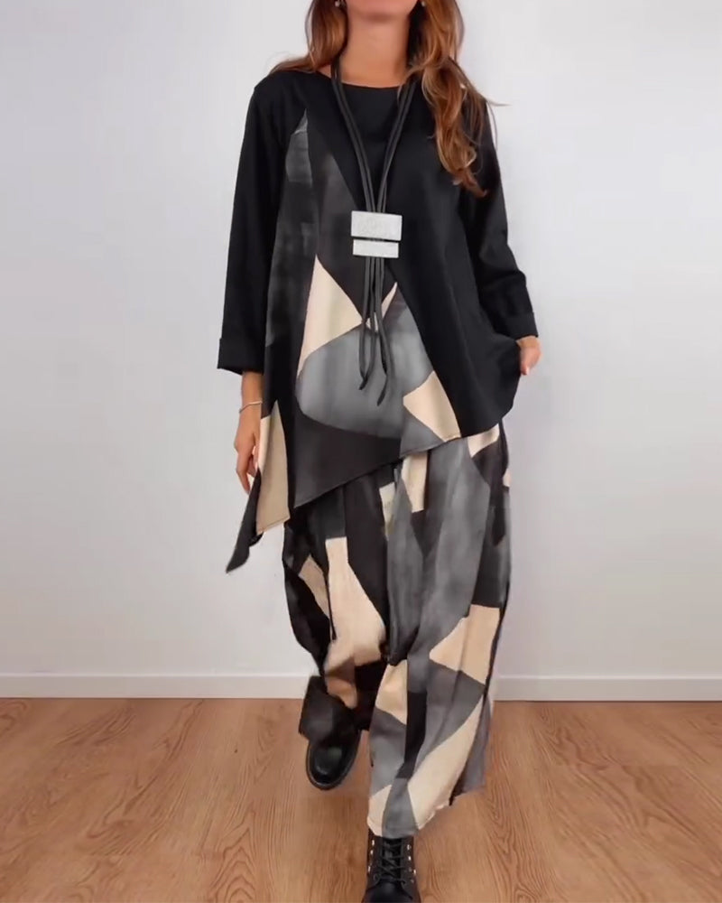 Casual Geometric Print Two-Piece Set Wide Pants