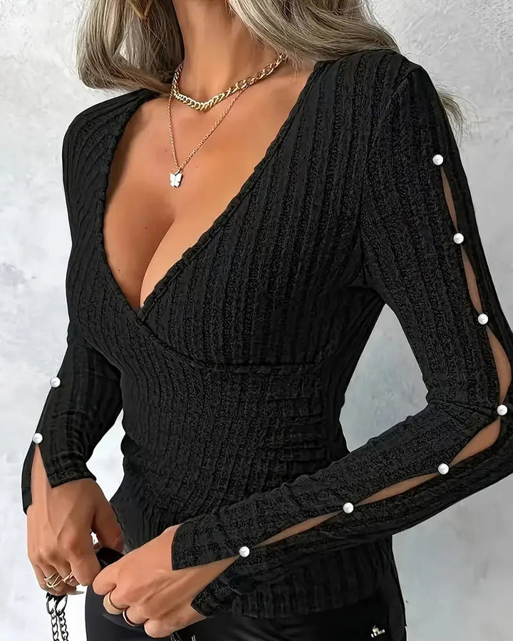 Sexy V-Neck Knitted Top with Beaded Sleeves
