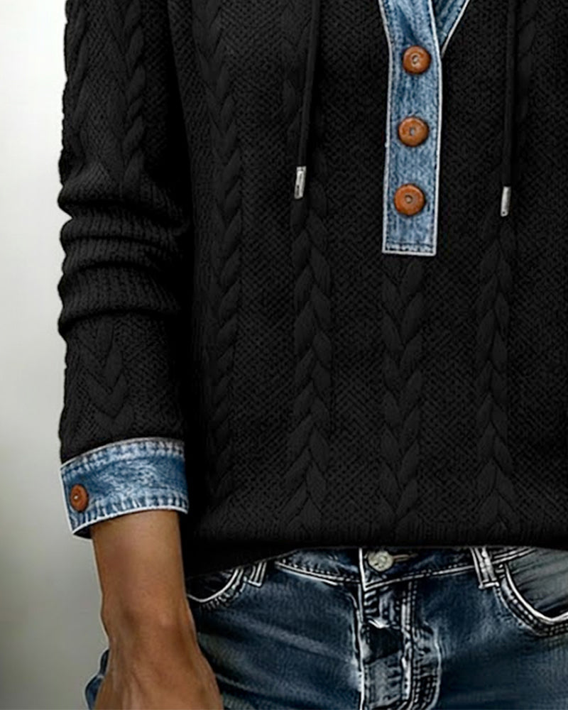 Color Blocked Long Sleeve Hoodie with Buttons