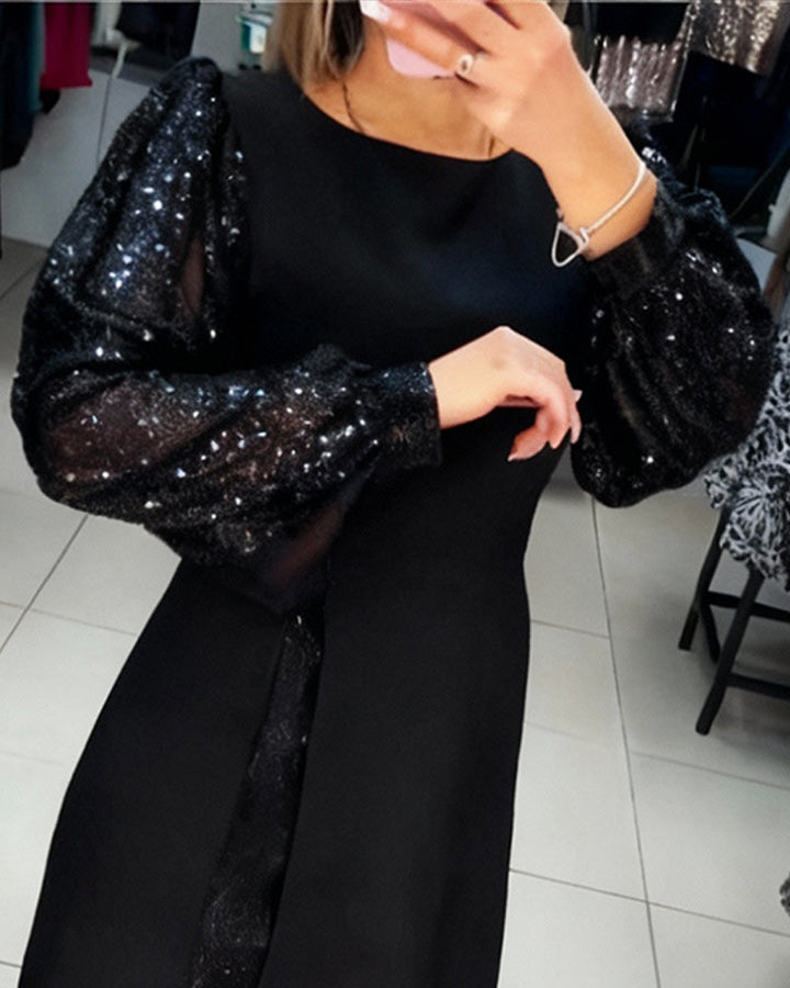 Elegant Dress with Puff Sleeves and Patchwork Details