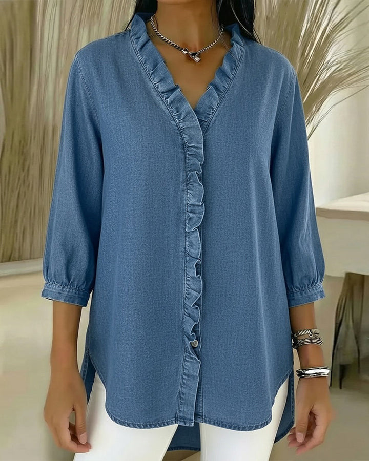 Blouse Ruffle V-neck Denim