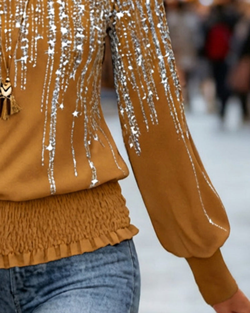 Modern Printed Long Sleeve Top with Round Neckline