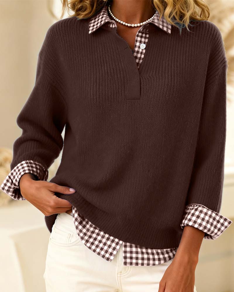 Solid Color Pullover with Checkered Patchwork