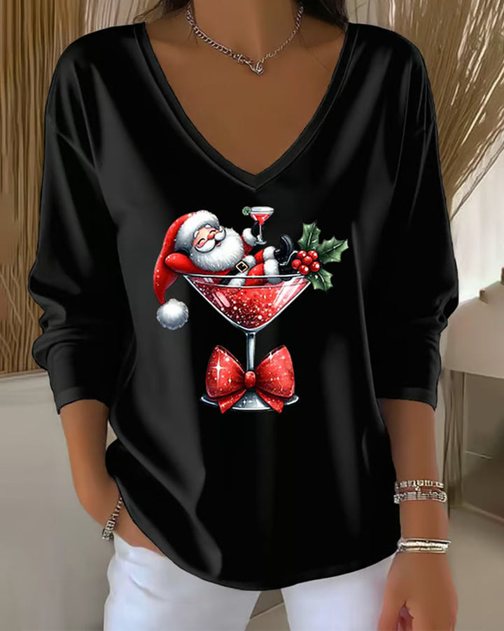 Loose-Fitting Top with V-Neck and Christmas Motif with Wine Glass