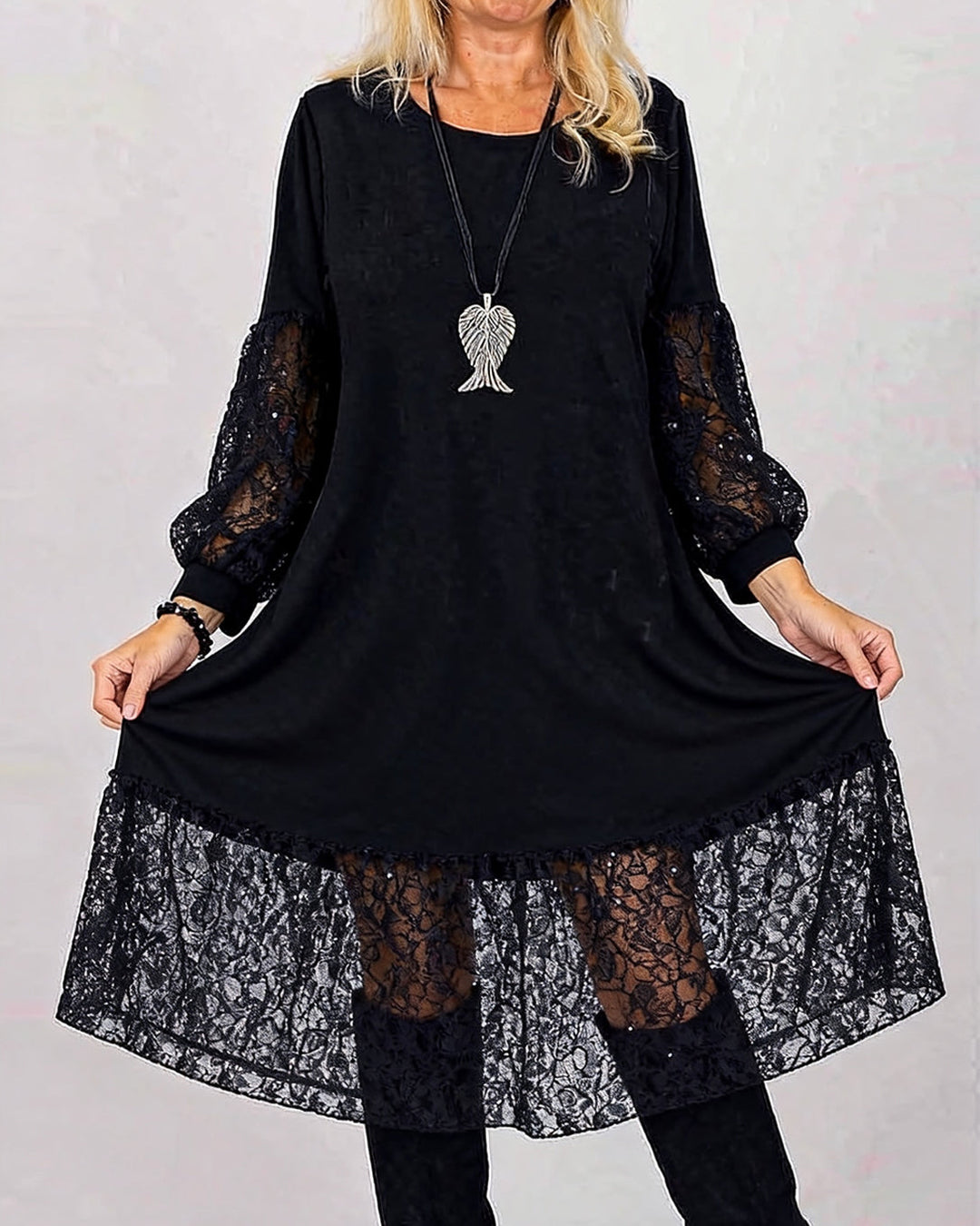 Dress Round Neck Lace Patchwork Loose