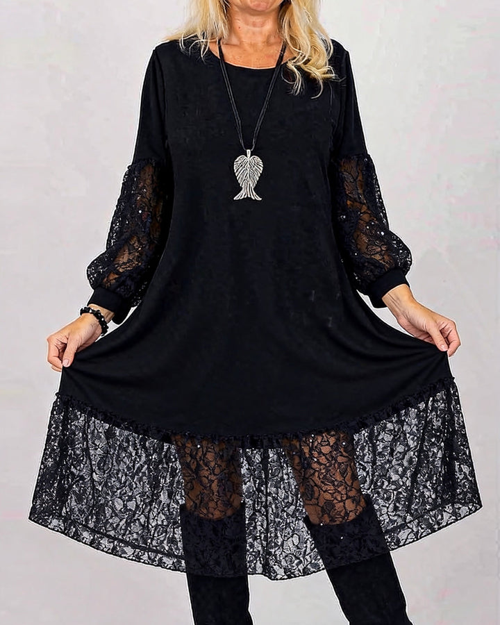 Dress Round Neck Lace Patchwork Loose