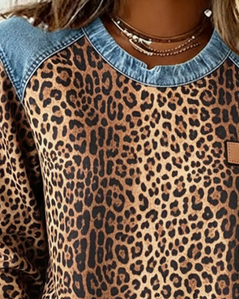 Leopard Print Sweatshirt Denim Patchwork