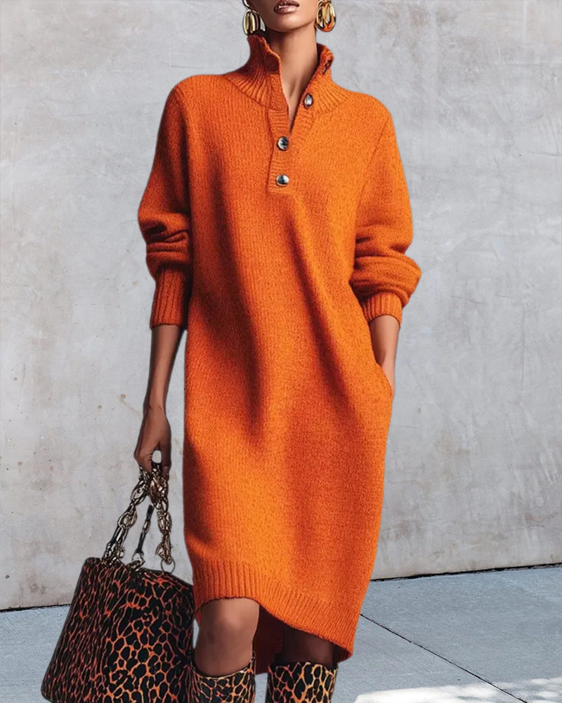 Solid Color Dress with Buttons and High Neck