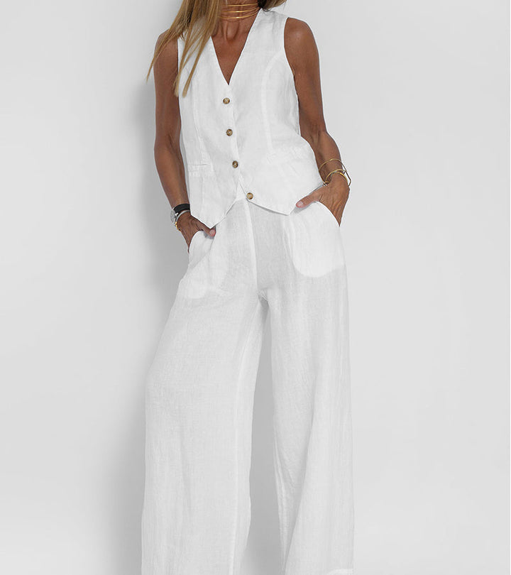 Jessica - Buttoned Vest & Wide-Leg Trousers Set