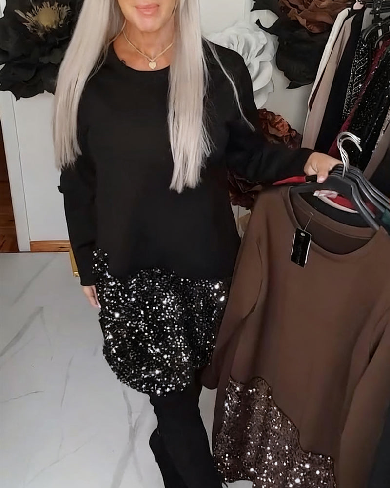 Dress Round Neck Long Sleeve With Glitter Patchwork