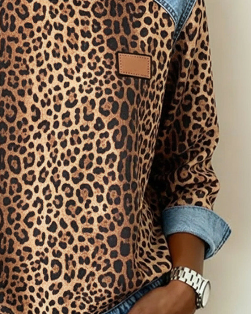 Leopard Print Sweatshirt Denim Patchwork