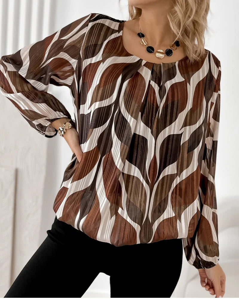 Blouse with Lantern Sleeves and Round Neckline