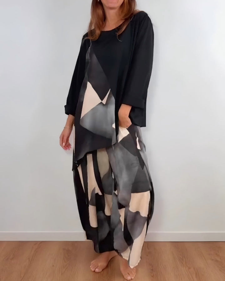 Casual Geometric Print Two-Piece Set Wide Pants