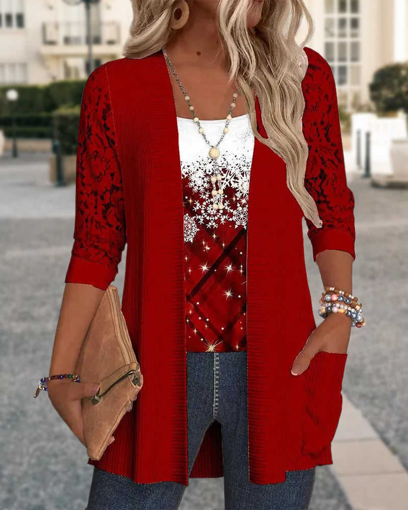 Knitted Top with Print in Faux Two-Piece Design