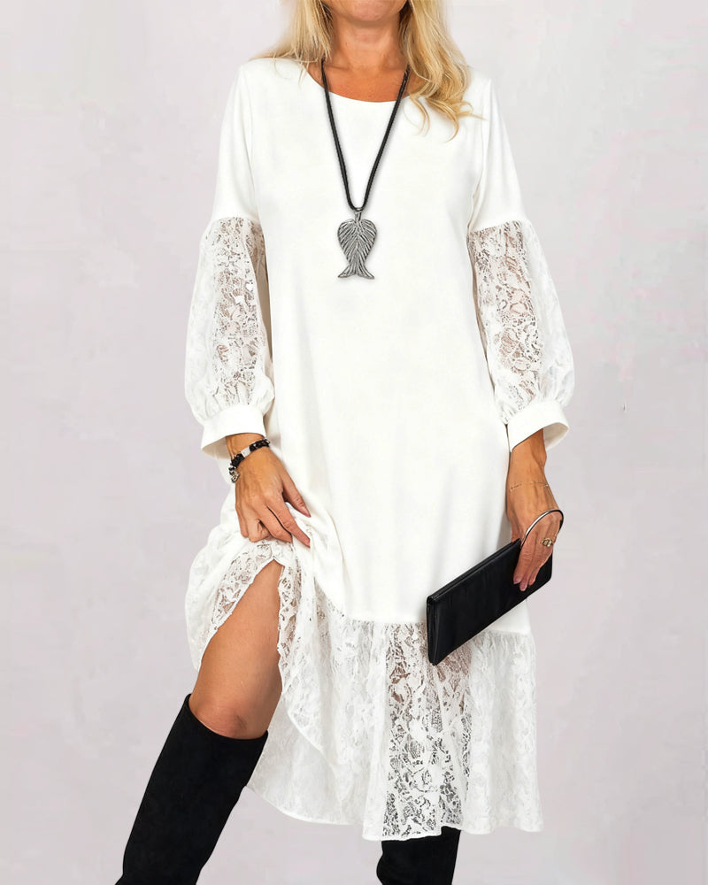Dress Round Neck Lace Patchwork Loose