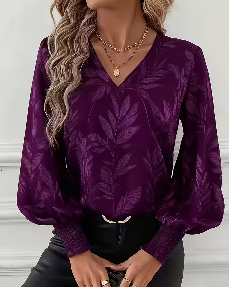 Blouse Leaf Pattern V-Neck Long Sleeve